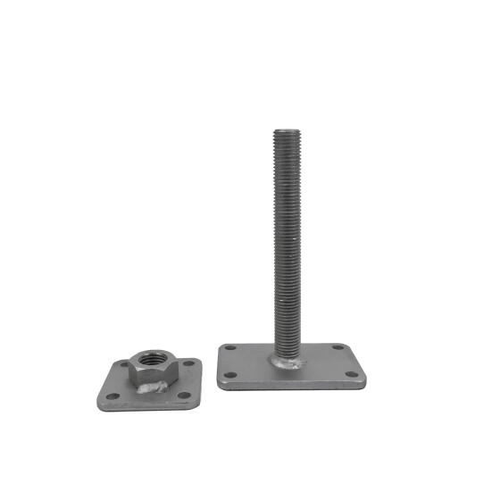 Post support Alfred height adjustable, zinc lamella coated, M30 x 250 mm, base plate 100 x 100 mm & base plate 160 x 100 mm
