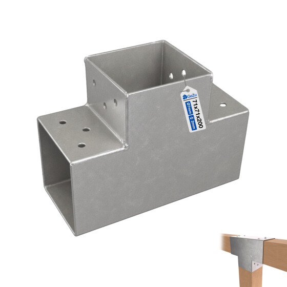 Post corner beam connector T-model for 3 beams, hot-dip galvanised, 70 x 70 mm